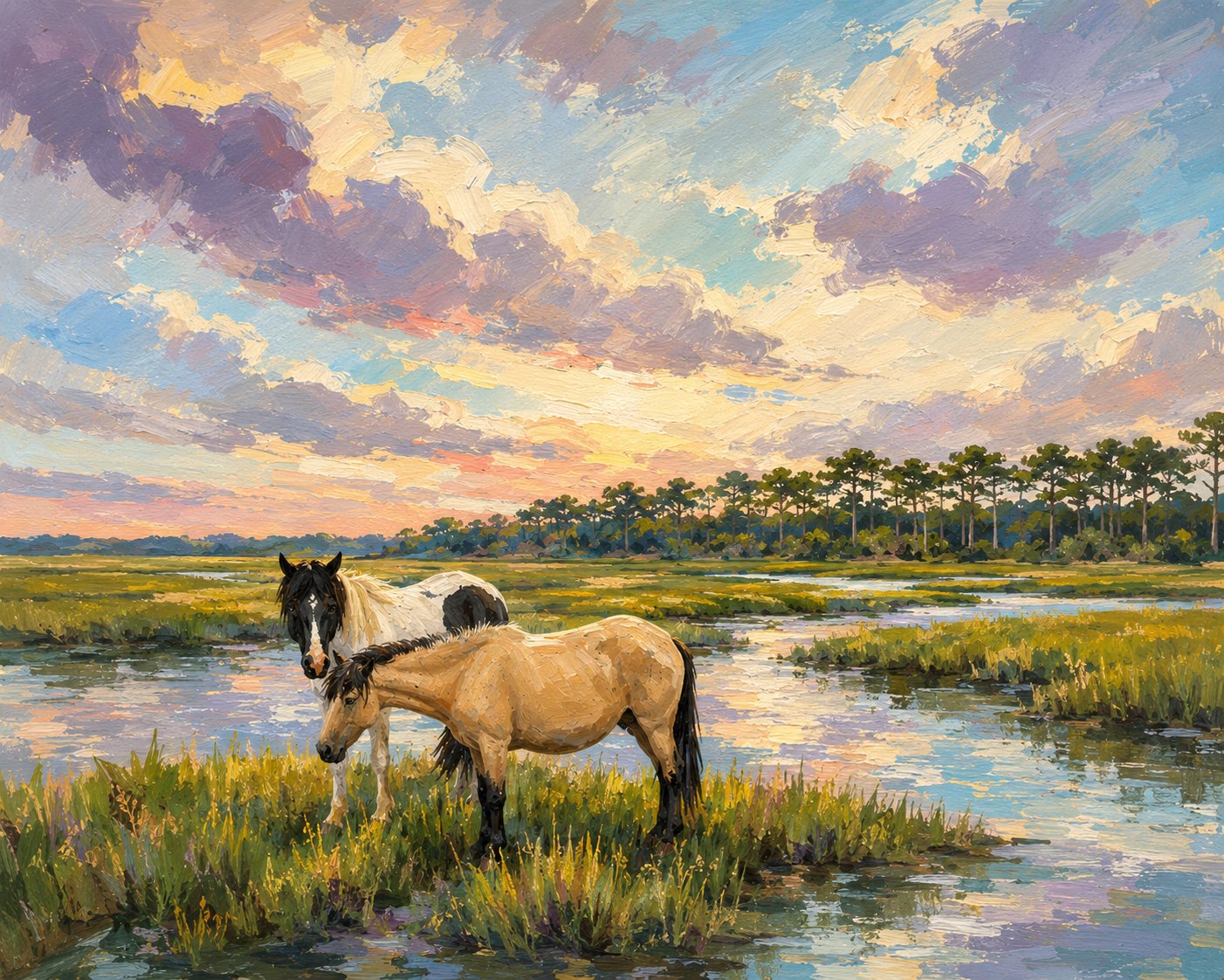 Painting of two wild ponies grazing in the Assateague marsh at sunset, pines along the horizon and clouds reflected in the water.